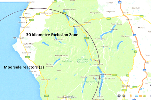 Map of 20 k exclusion zone from Moorside and Sellafield