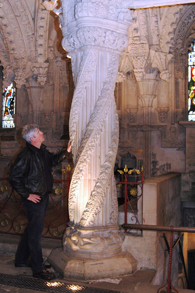 Shawn Williamson admires the handiwork used in the Apprentices Column at Roslynn Chapel in Scotland.